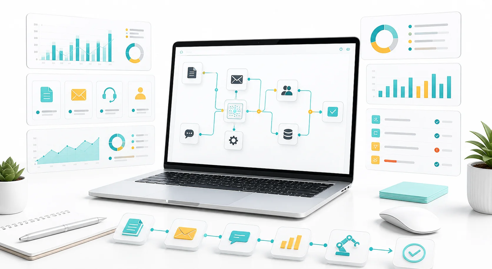 AI automation dashboard with connected workflow panels and analytics